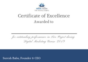 Excellence certificate after digital marketing course in Bangalore at web marketing academy