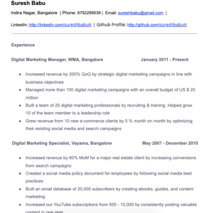Digital Marketing Resume Sample for an Experienced Digital Marketer